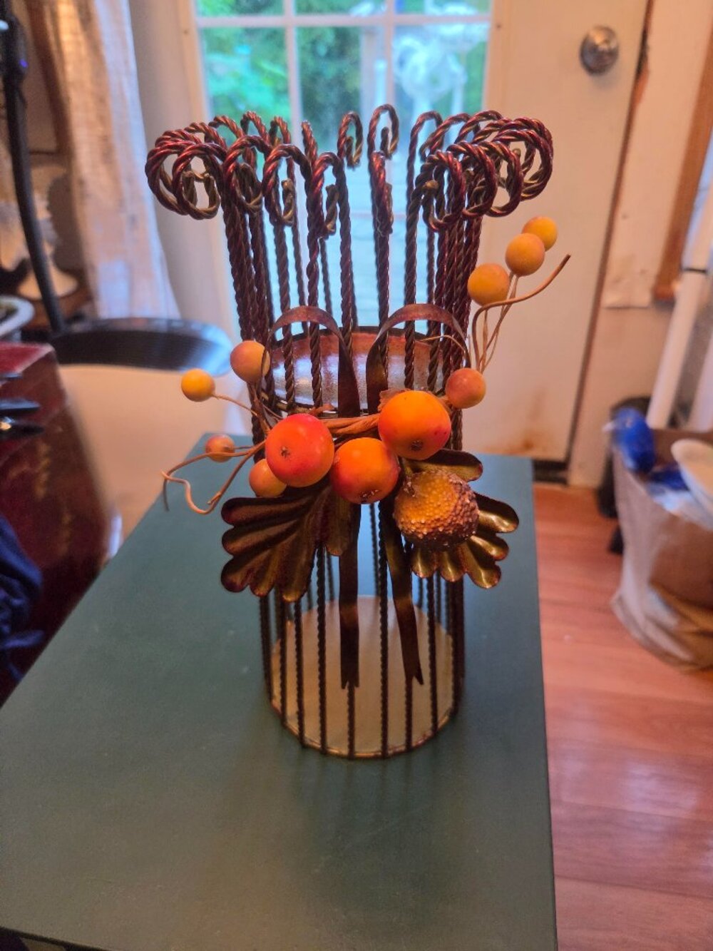 THANKSGIVING HARVEST FLORAL METAL PILLAR CANDLE HOLDER CENTERPIECE 10”